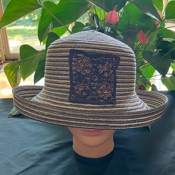 Striped Brown Wide Brim Hat with Embroidered Patch - Picture 1 of 4